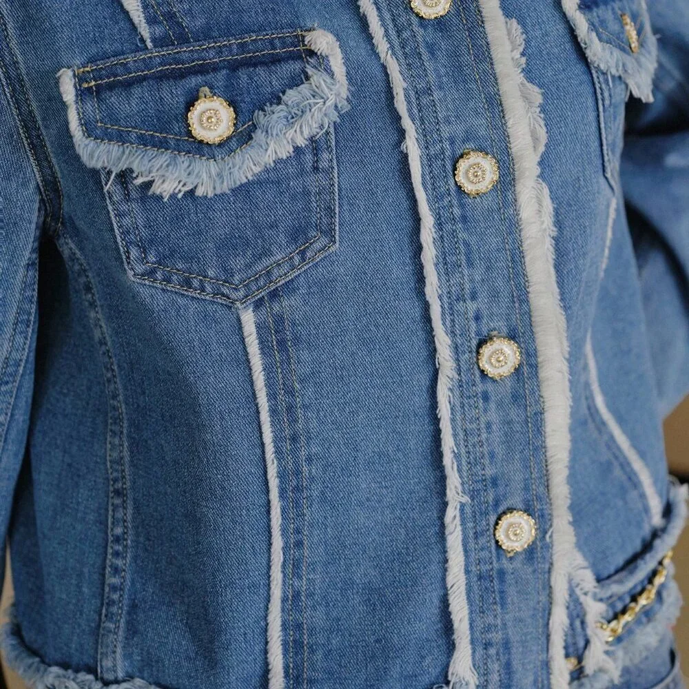 Blue Casual Women's Raw Hem Single Breasted Placket Denim Jacket